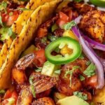 Platter of shrimp al pastor tacos with charred pineapple, cilantro, and lime wedges on corn tortillas.