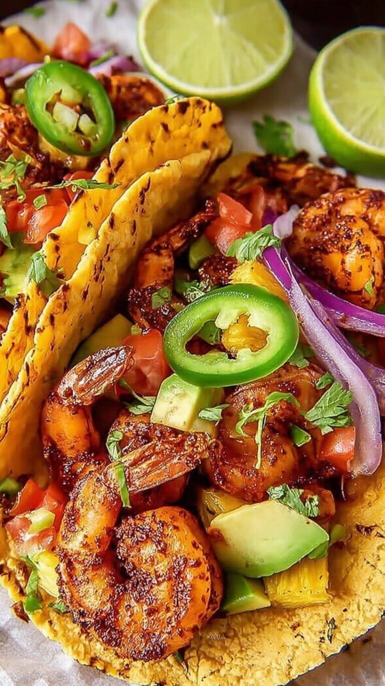 Platter of shrimp al pastor tacos with charred pineapple, cilantro, and lime wedges on corn tortillas.