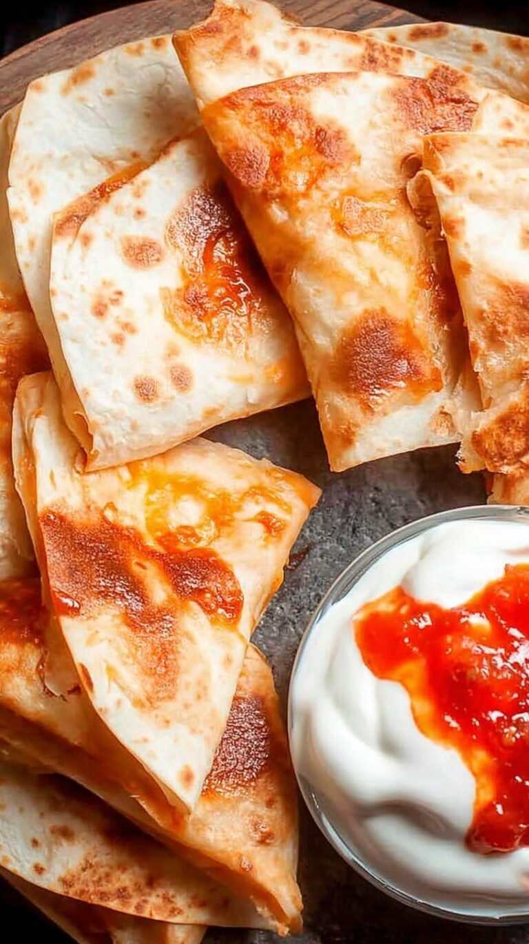 Two golden brown crispy air fryer quesadillas sliced into wedges on a plate with salsa