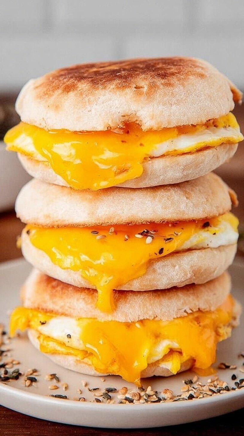 A toasted gluten-free breakfast sandwich with a fried egg, melted cheddar cheese, and crispy bacon.