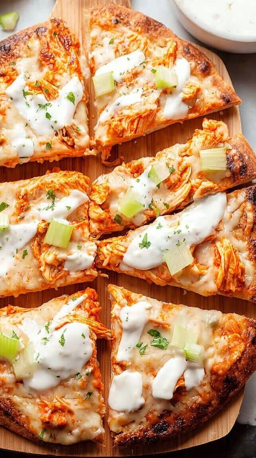 Two golden buffalo chicken flatbreads topped with melted cheese and green onions on a baking sheet.