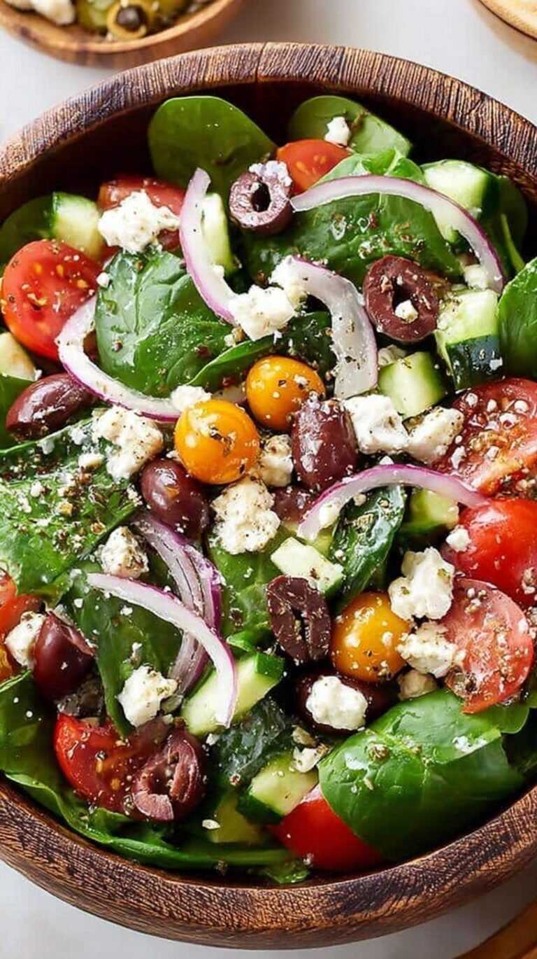 A fresh bowl of Greek spinach salad with feta cheese, olives, and cucumbers