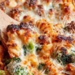 A bubbling golden brown chicken and broccoli pasta bake in a white ceramic dish.