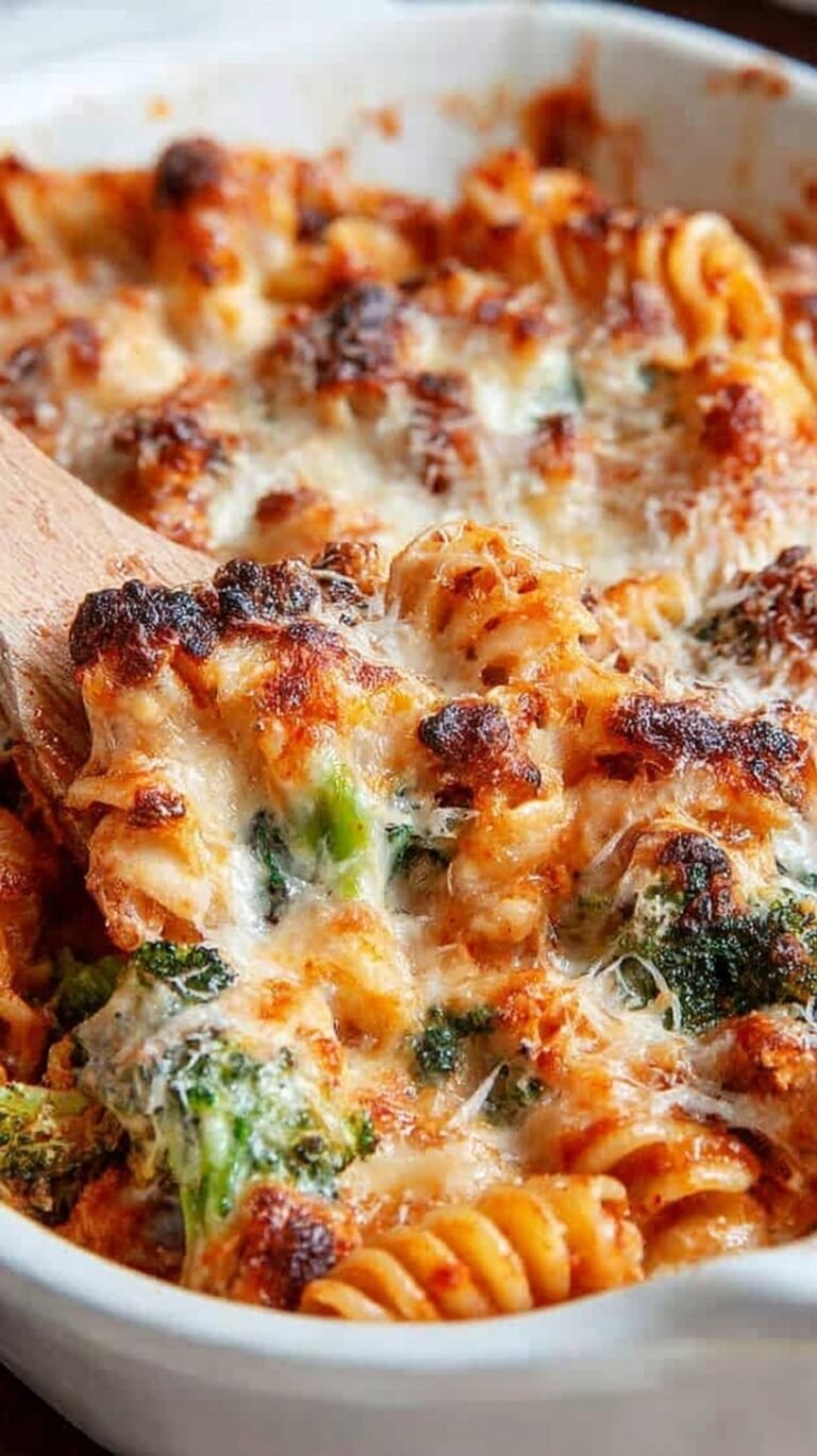 A bubbling golden brown chicken and broccoli pasta bake in a white ceramic dish.