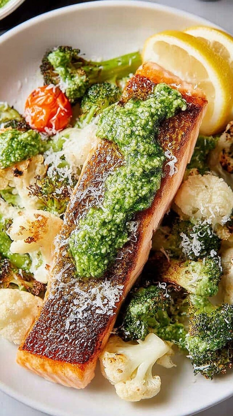 Pan-seared salmon with green pesto on top served with roasted asparagus and tomatoes