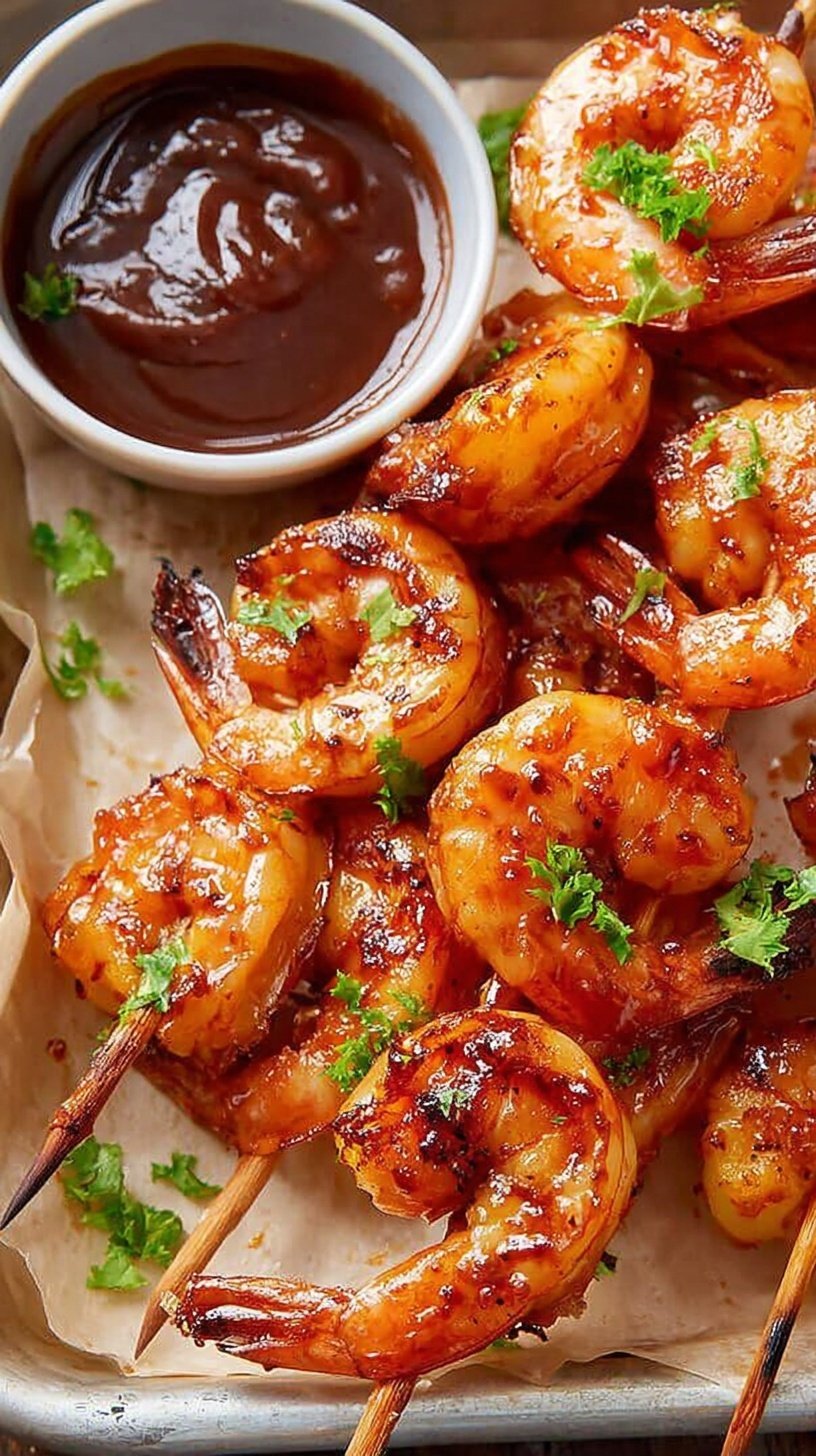 Skewers of grilled BBQ shrimp with a charred glaze on a grill grate.