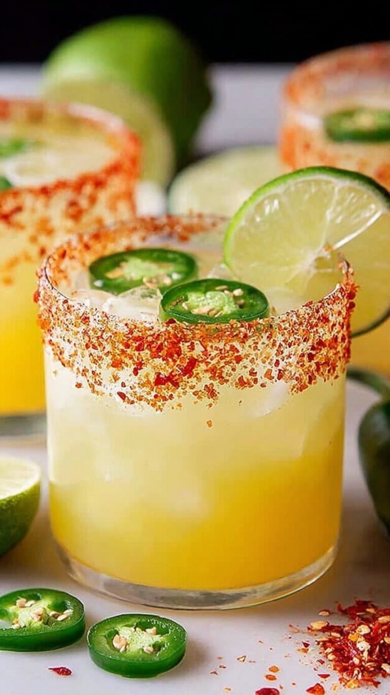 A fresh skinny spicy margarita in a salt-rimmed glass with lime and jalapeño garnish