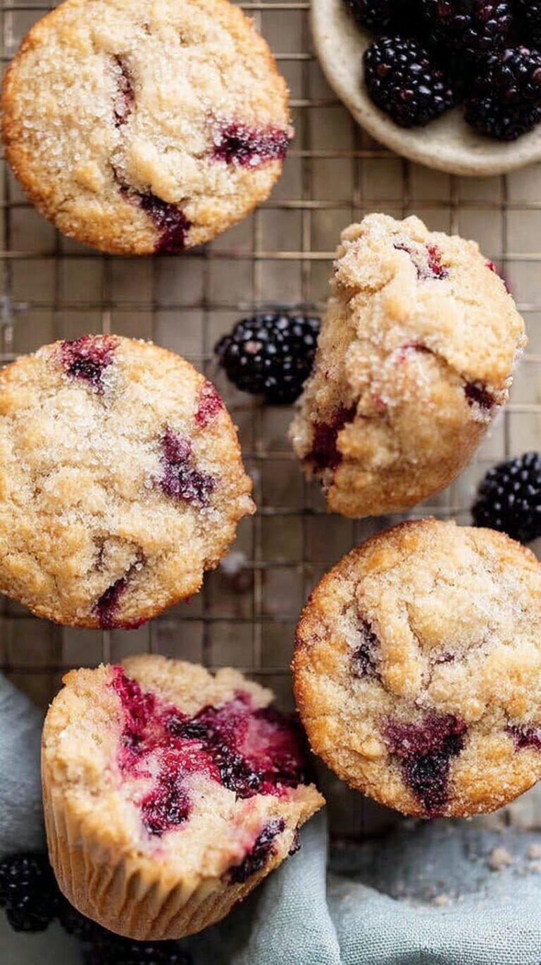 A close up of golden brown gluten free blackberry muffins with fresh berries