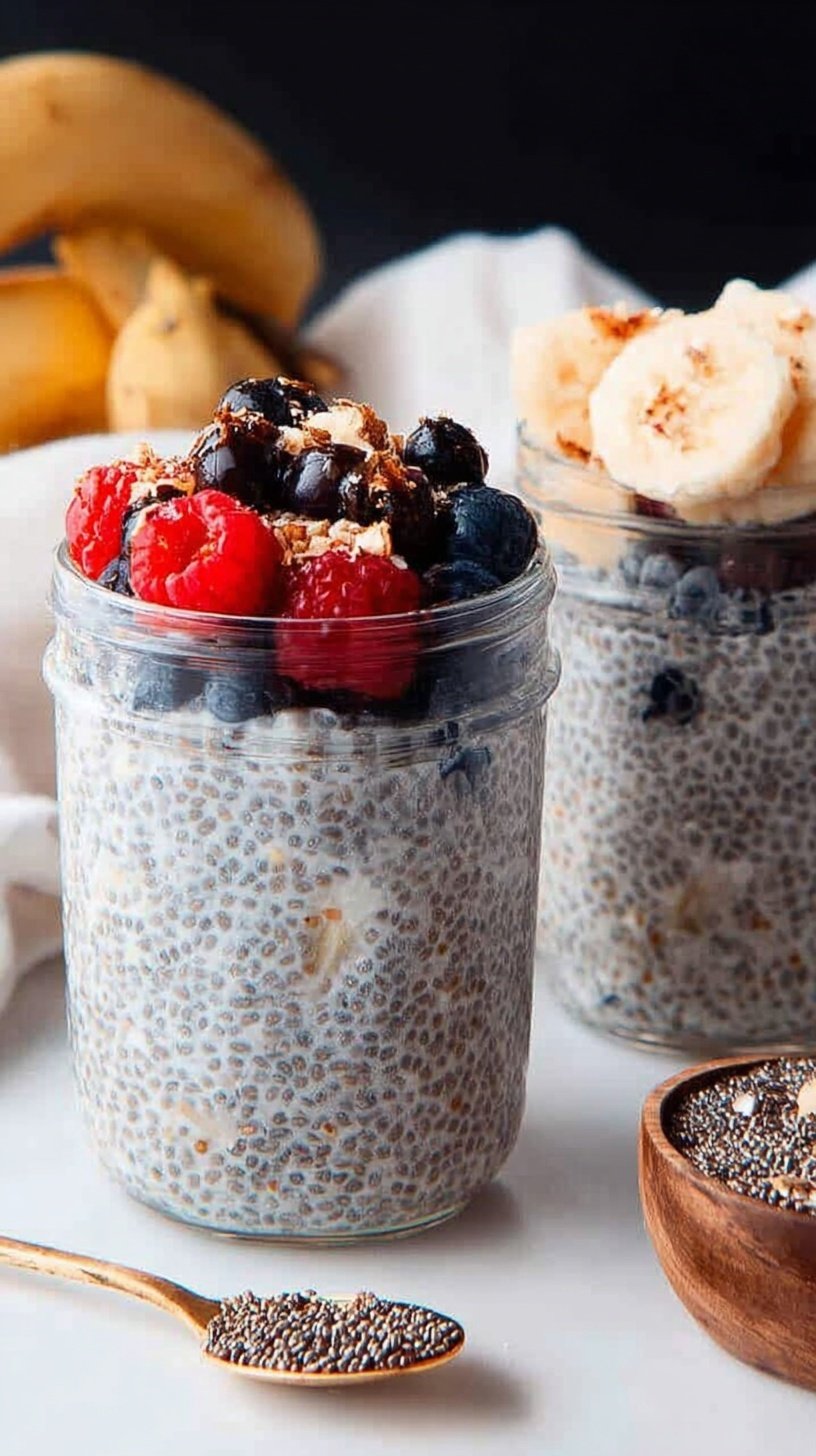 A glass jar filled with creamy oat milk chia pudding topped with fresh berries and a sprinkle of cinnamon.