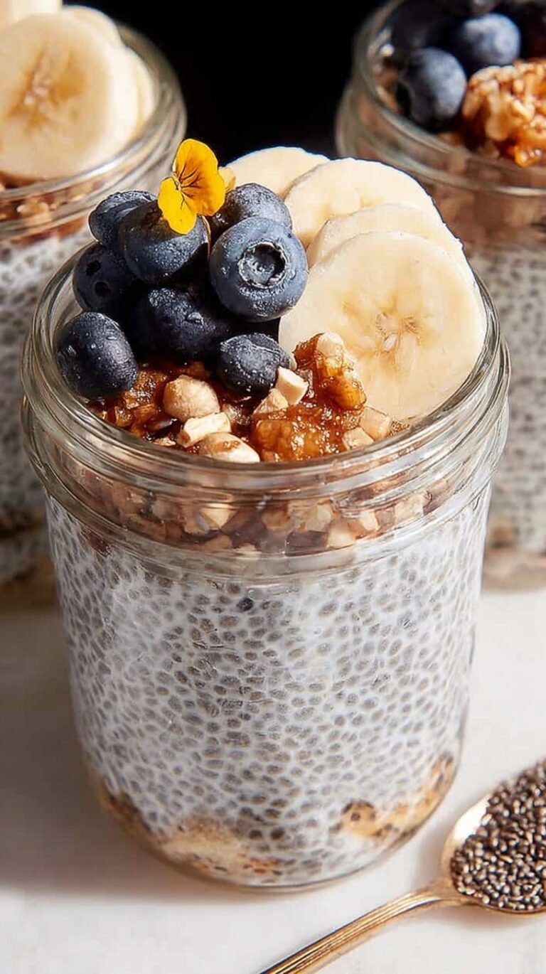 Two glass jars filled with creamy banana chia pudding topped with fresh banana slices and a sprinkle of cinnamon.