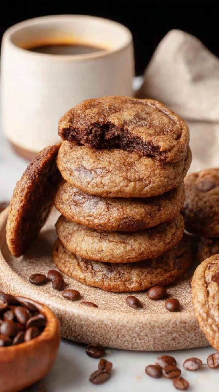 A stack of soft, chewy coffee cookies with melty chocolate chips on a wire cooling rack.