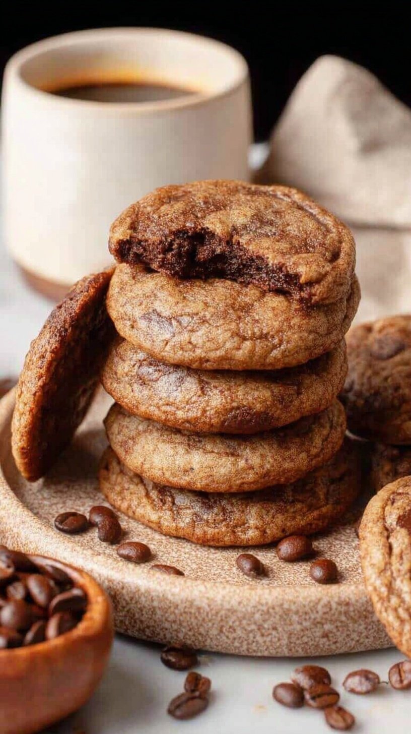 A stack of soft, chewy coffee cookies with melty chocolate chips on a wire cooling rack.