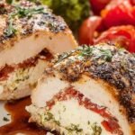 Pan-seared chicken breasts stuffed with feta and spinach drizzled with dark balsamic glaze on a white plate.