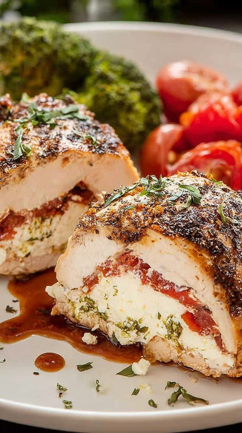 Pan-seared chicken breasts stuffed with feta and spinach drizzled with dark balsamic glaze on a white plate.