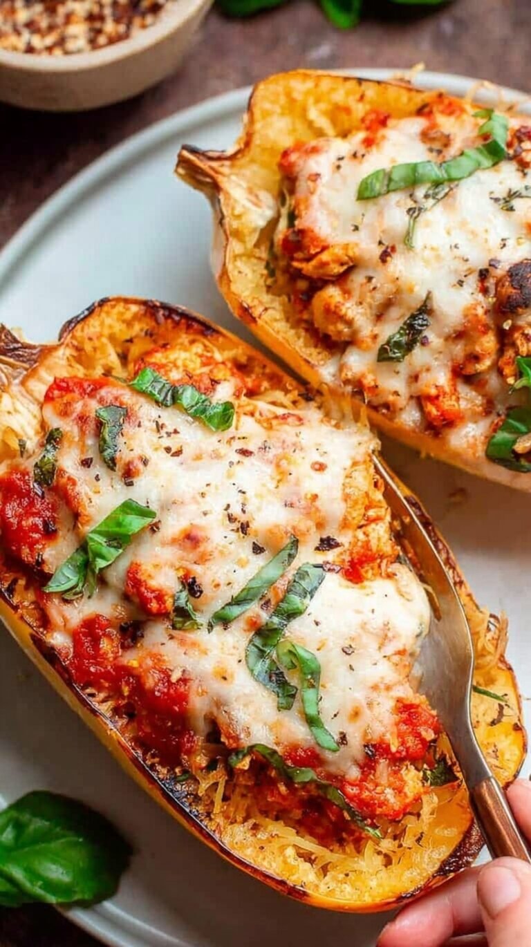 Two halves of roasted spaghetti squash filled with chicken parmesan and melted mozzarella cheese