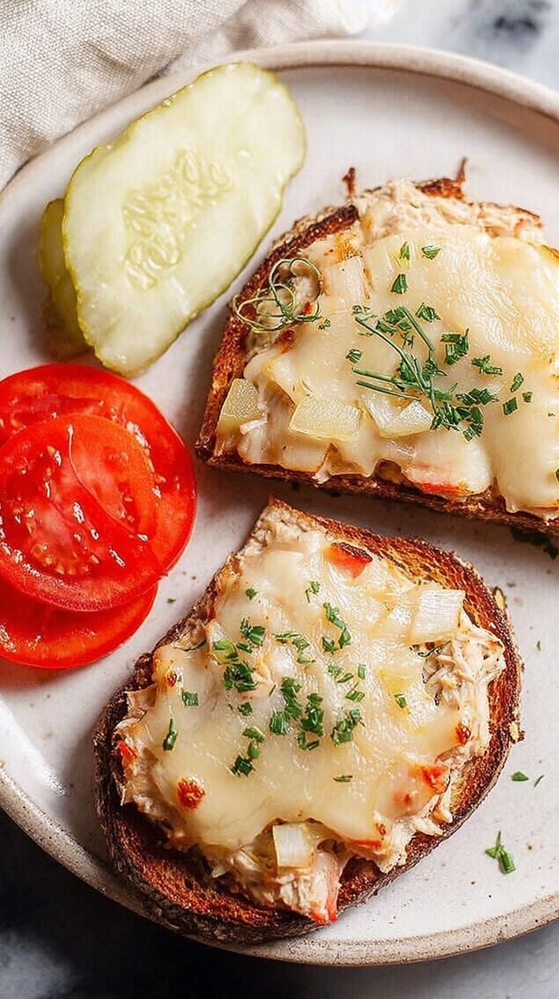 A toasted open face tuna melt with bubbling melted cheddar cheese and fresh parsley on a baking sheet.