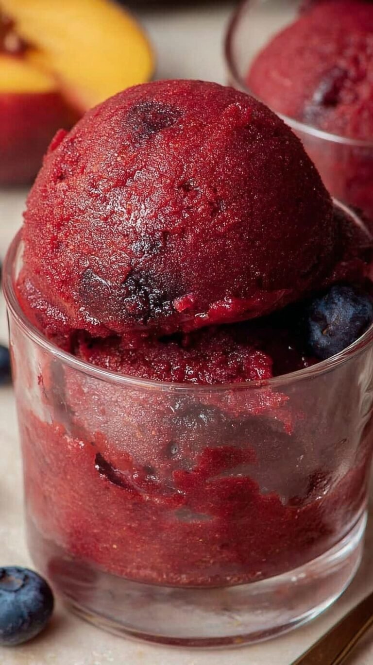 A scoop of vibrant purple blueberry peach sorbet in a glass bowl with fresh fruit garnish