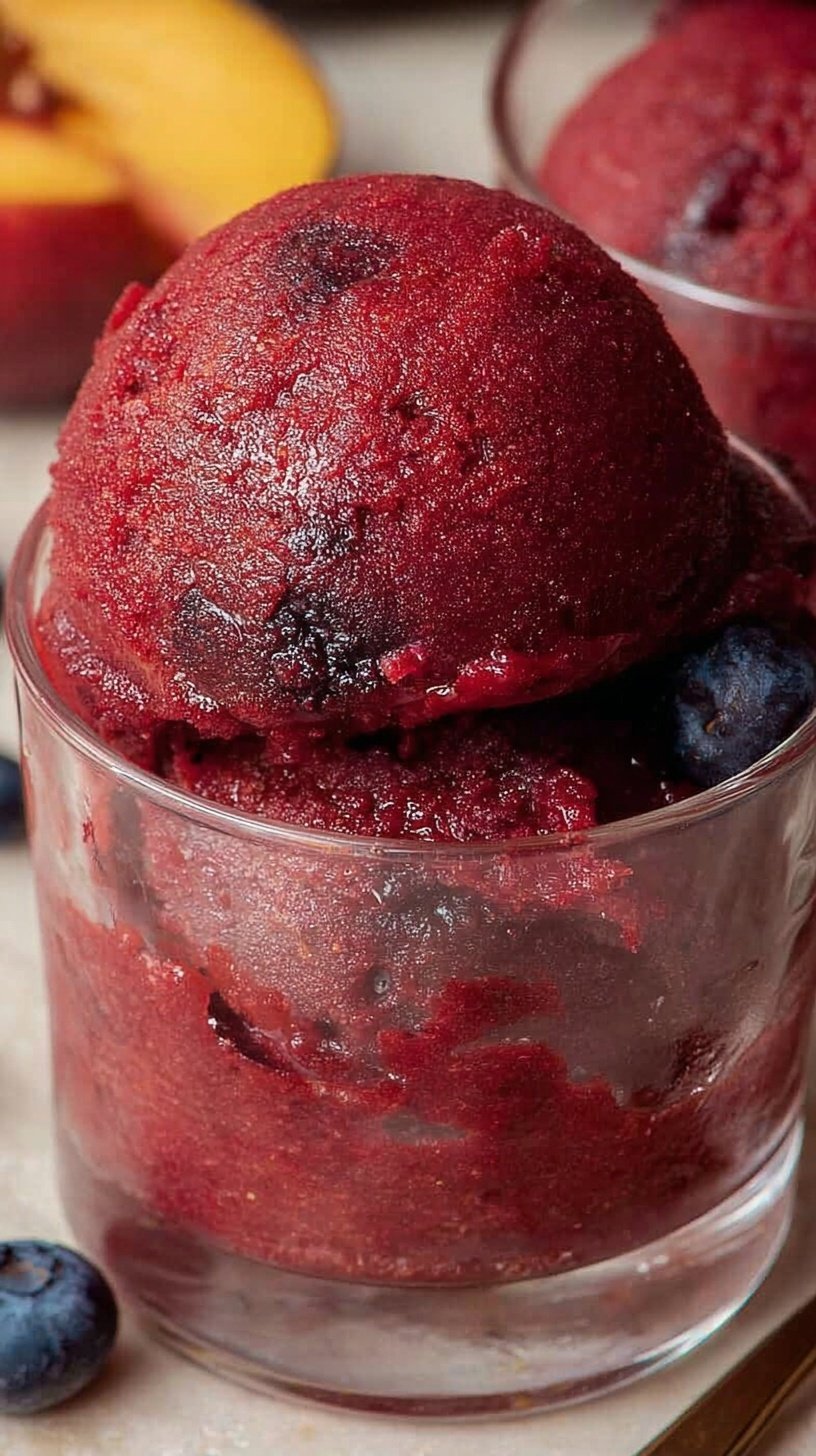 A scoop of vibrant purple blueberry peach sorbet in a glass bowl with fresh fruit garnish