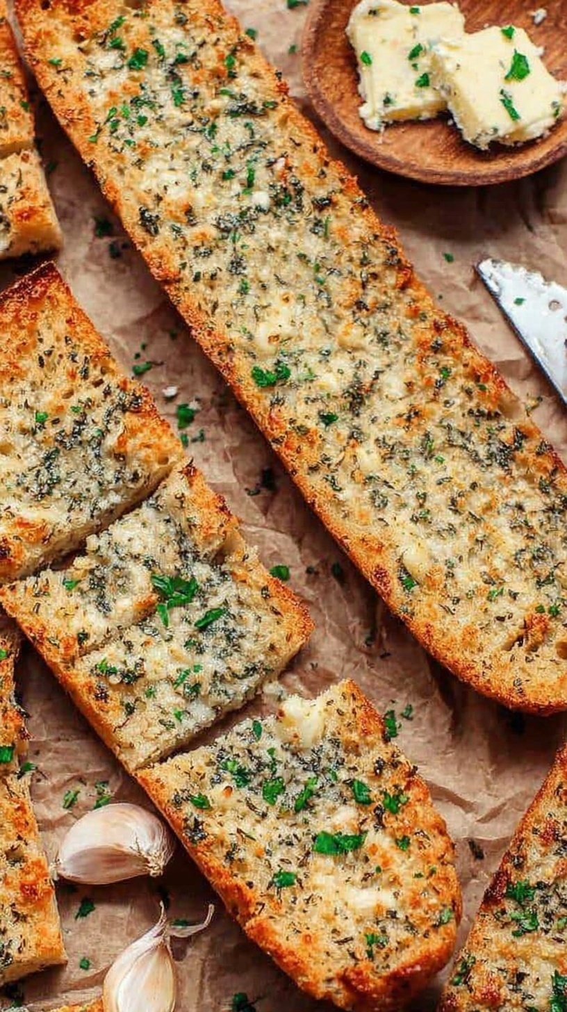 Golden brown gluten-free garlic bread sliced on a baking sheet with fresh parsley