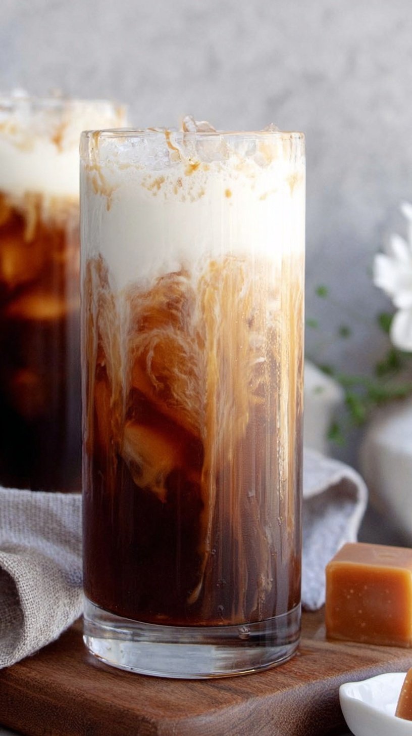 A tall glass of layered salted caramel cold brew with thick cold foam and ice.