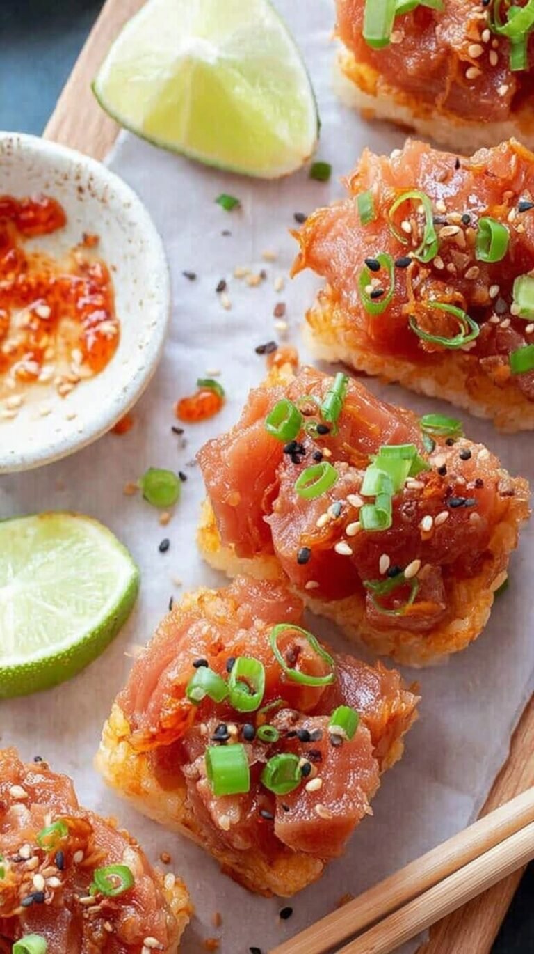 Golden fried rice blocks topped with spicy tuna, jalapeño slices, and black sesame seeds