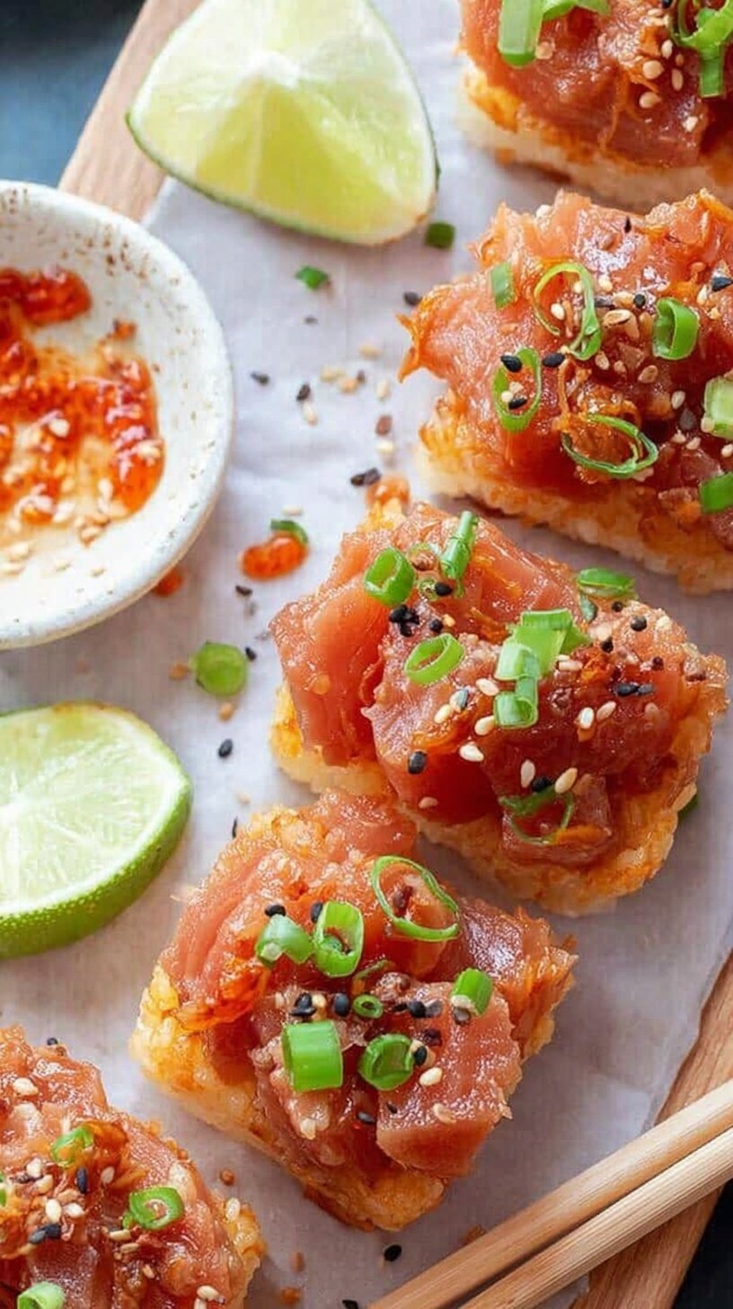 Golden fried rice blocks topped with spicy tuna, jalapeño slices, and black sesame seeds