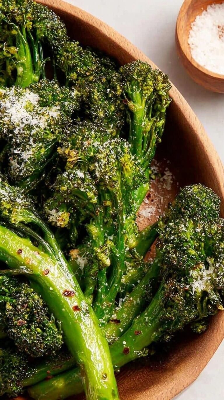 A plate of charred air fryer broccolini topped with parmesan cheese and lemon