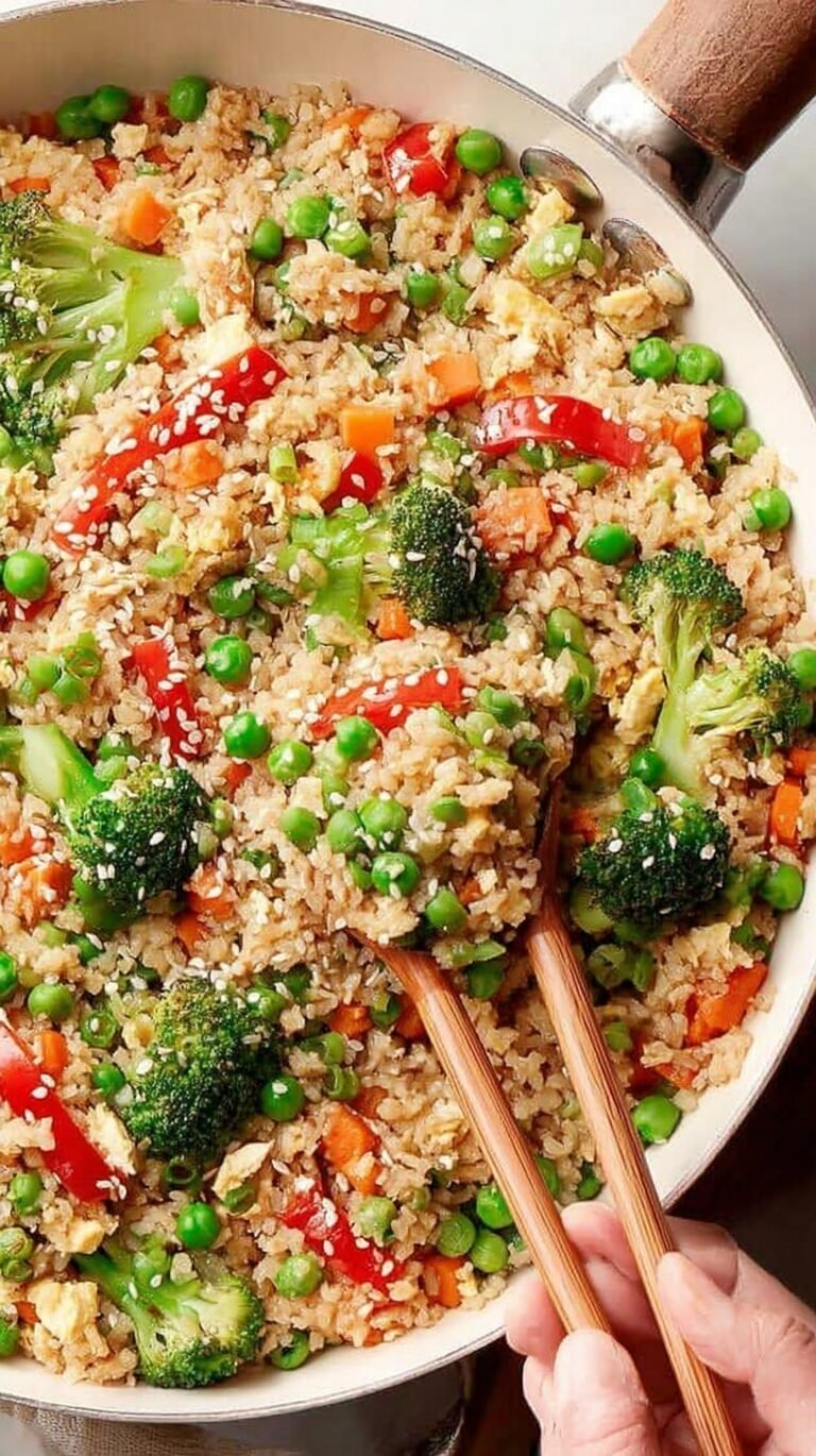 A bowl of vibrant brown rice fried with eggs, peas, carrots, and green onions in a dark skillet.