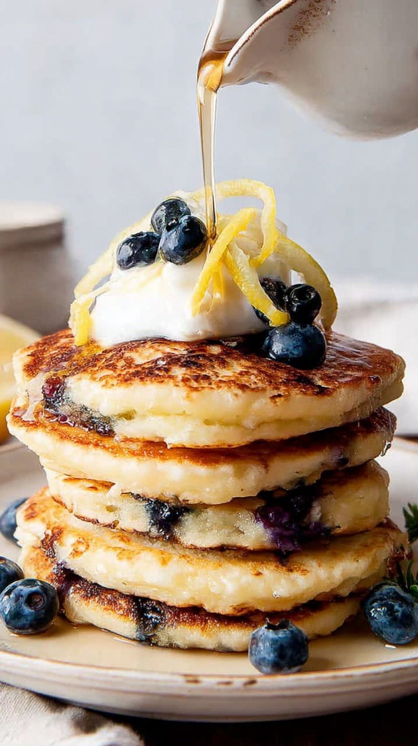 A tall stack of fluffy blueberry lemon pancakes topped with fresh berries and syrup