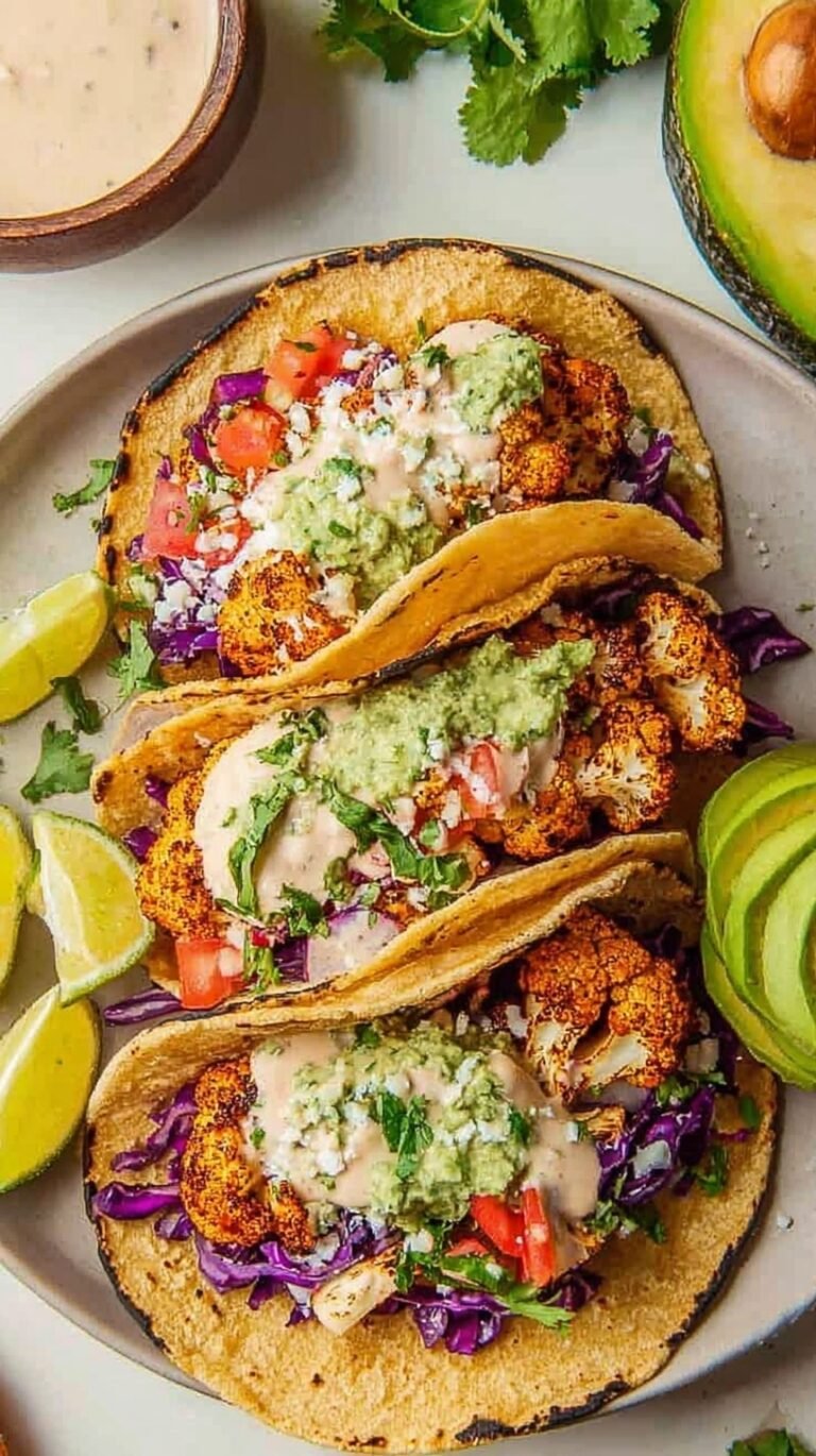 Roasted cauliflower tacos topped with red cabbage and cilantro yogurt crema on a plate with lime wedges