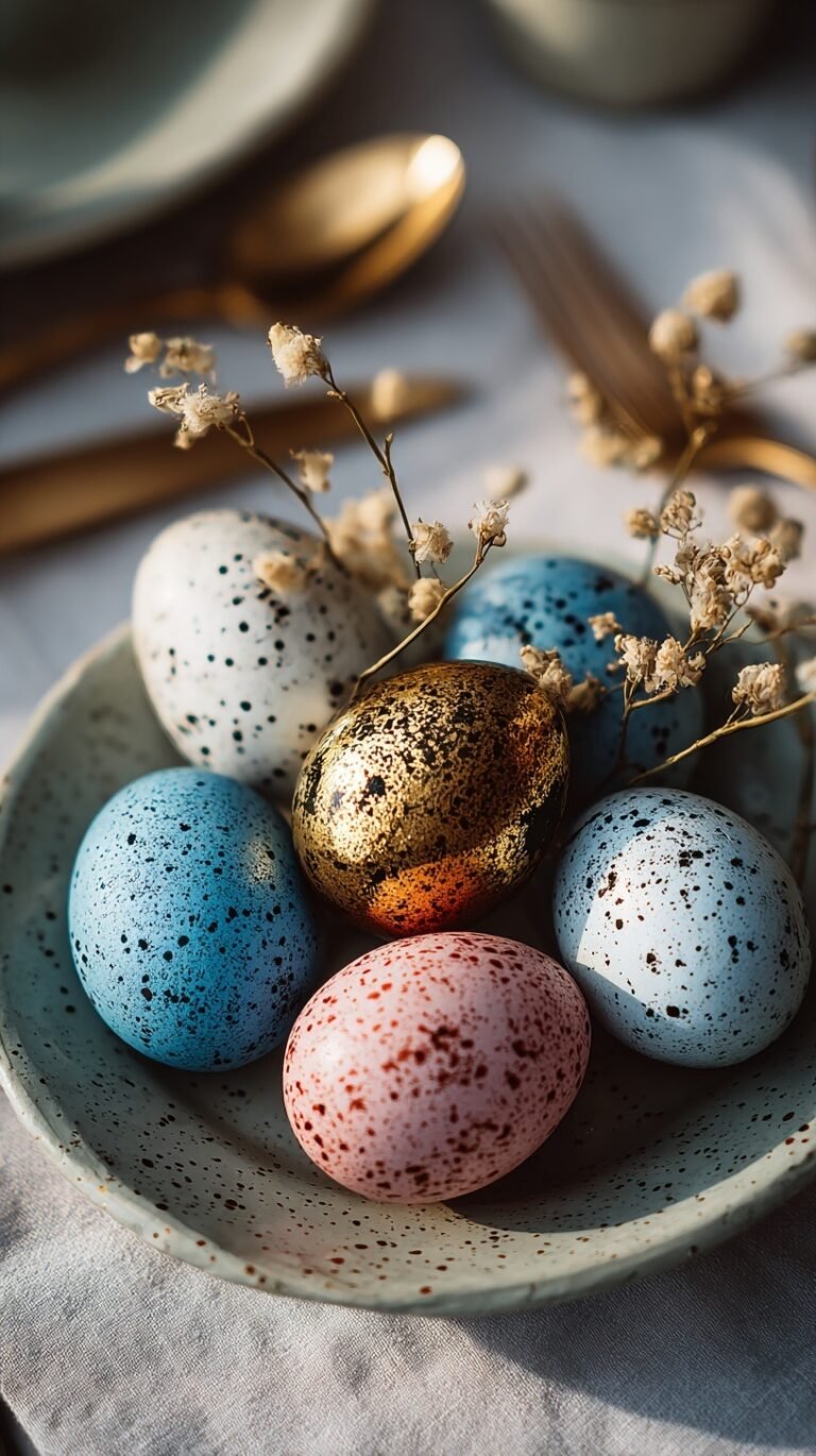 A collection of earthy, naturally dyed Easter eggs with botanical leaf imprints sitting in a wooden bowl.