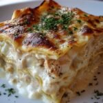 A close up of a slice of golden brown Chicken Alfredo Lasagna on a white plate with fresh parsley garnish.