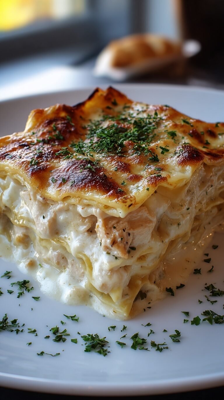 A close up of a slice of golden brown Chicken Alfredo Lasagna on a white plate with fresh parsley garnish.