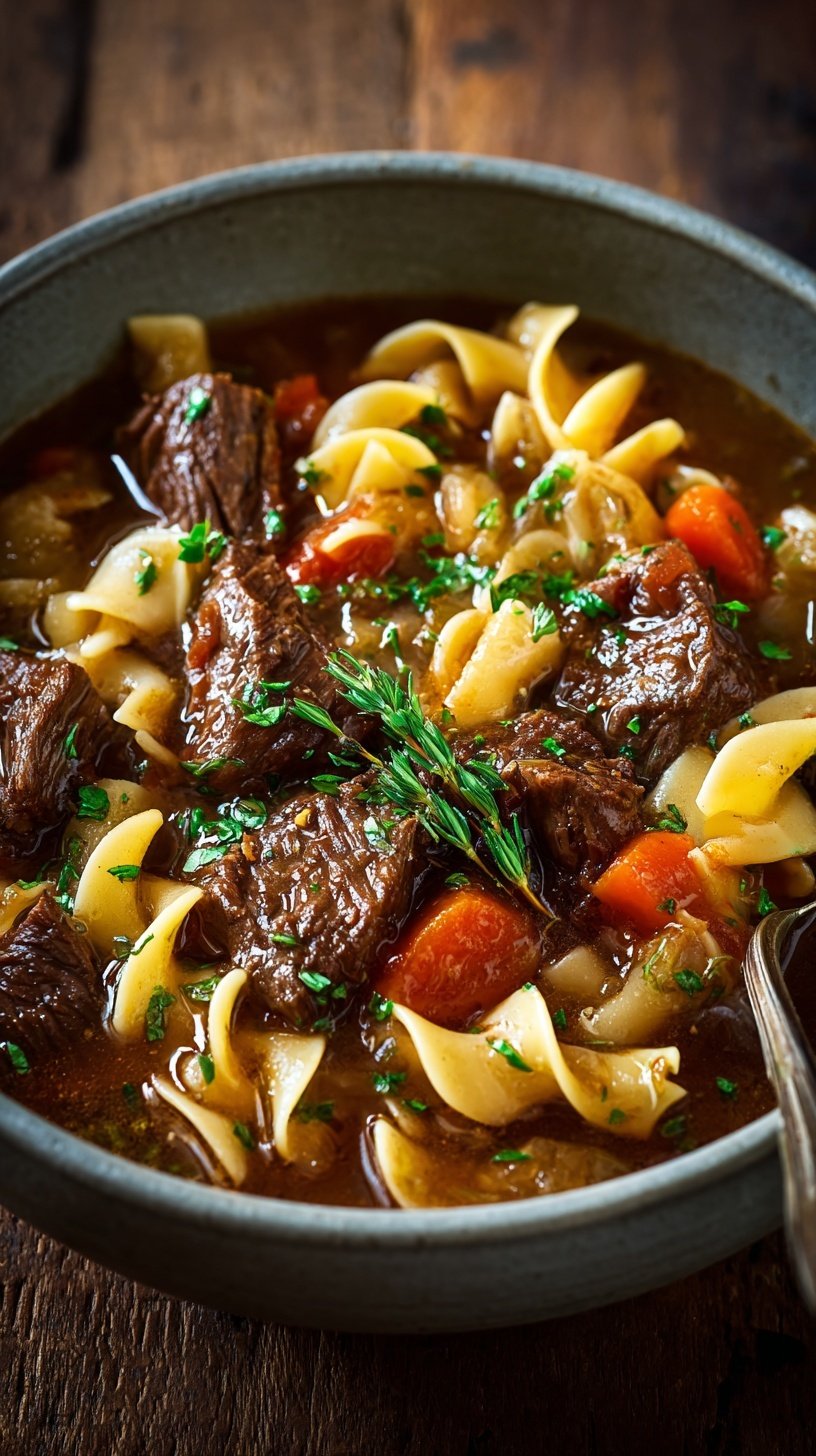 A steaming bowl of beef and noodles stew with carrots and celery in a rich brown gravy.