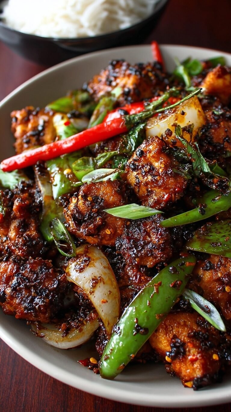 A skillet of savory black pepper chicken with sliced onions and celery in a dark glossy sauce.