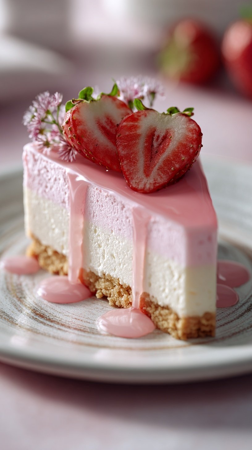 A creamy strawberry cheesecake with a bright red strawberry glaze and fresh fruit slices on top.