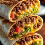 A golden brown Cheeseburger Crunch Wrap sliced in half showing beef, cheese, and lettuce.