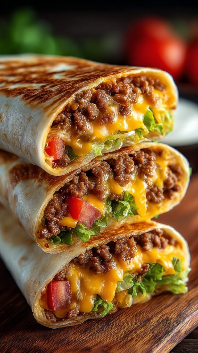 A golden brown Cheeseburger Crunch Wrap sliced in half showing beef, cheese, and lettuce.