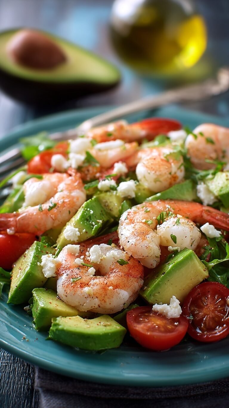 A bright bowl of shrimp avocado salad with cucumbers and red onions