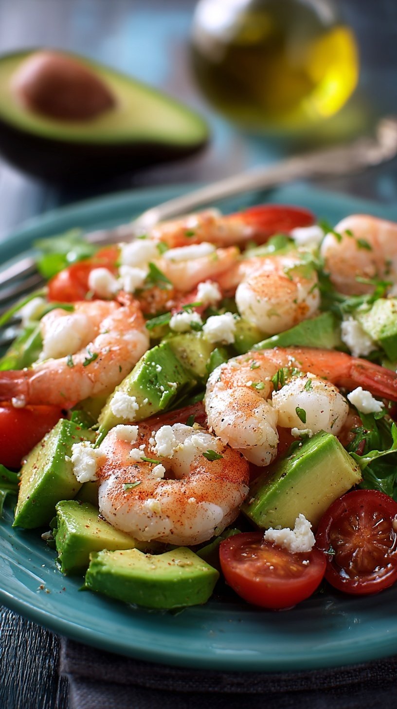 A bright bowl of shrimp avocado salad with cucumbers and red onions
