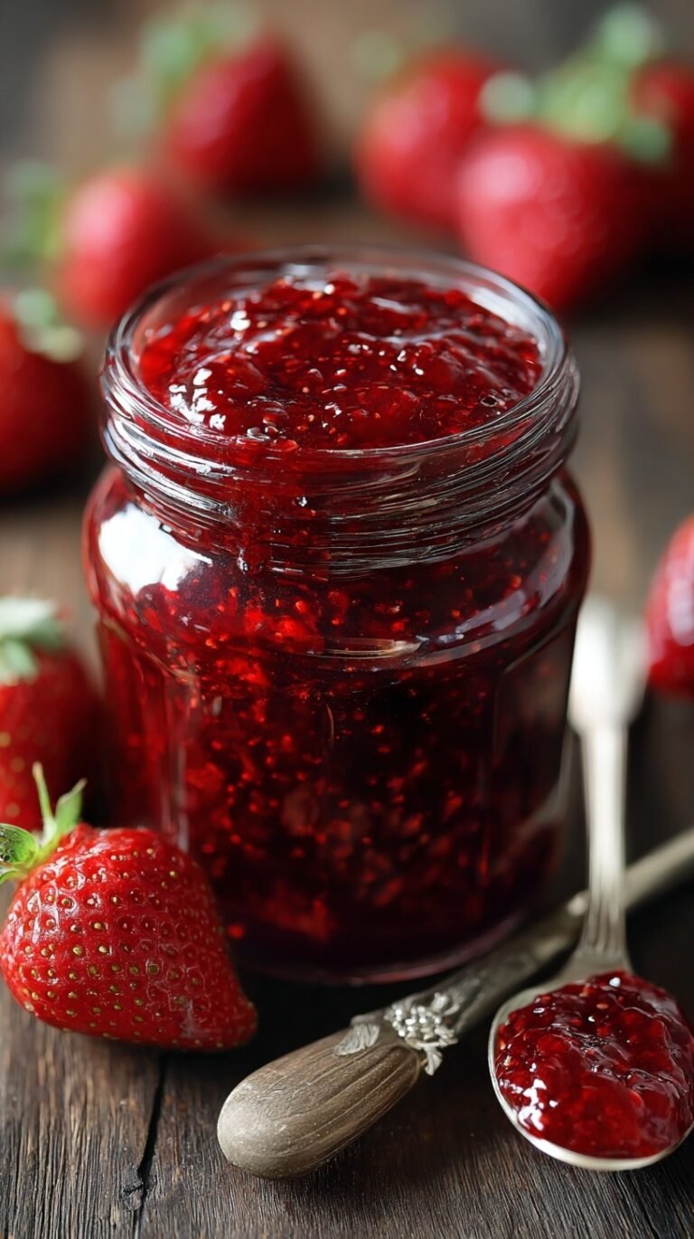 A jar of bright red strawberry jam sitting on a rustic wooden table next to fresh halved strawberries.