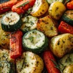 A tray of golden roasted potatoes, carrots, and zucchini with fresh parsley garnish