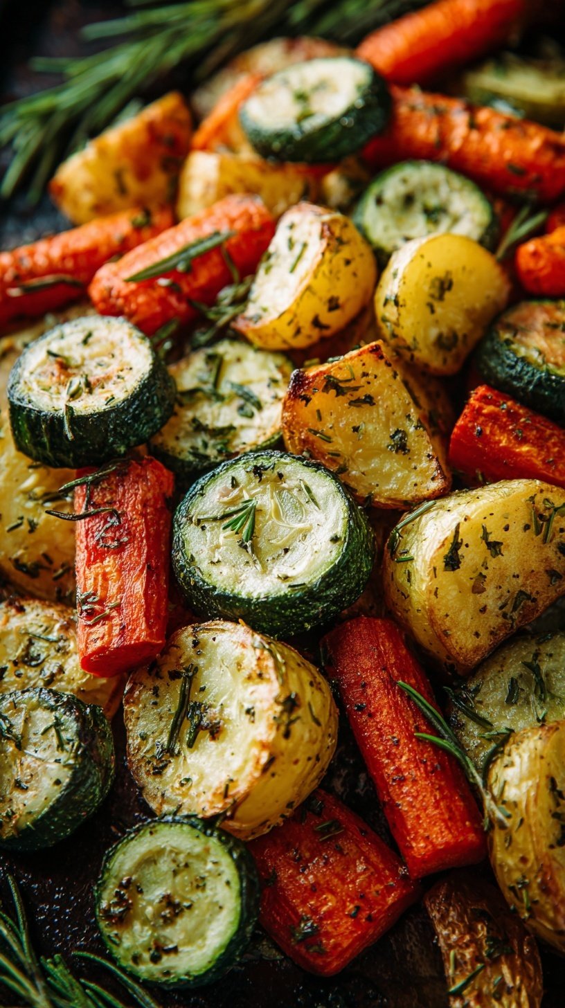 A tray of golden roasted potatoes, carrots, and zucchini with fresh parsley garnish