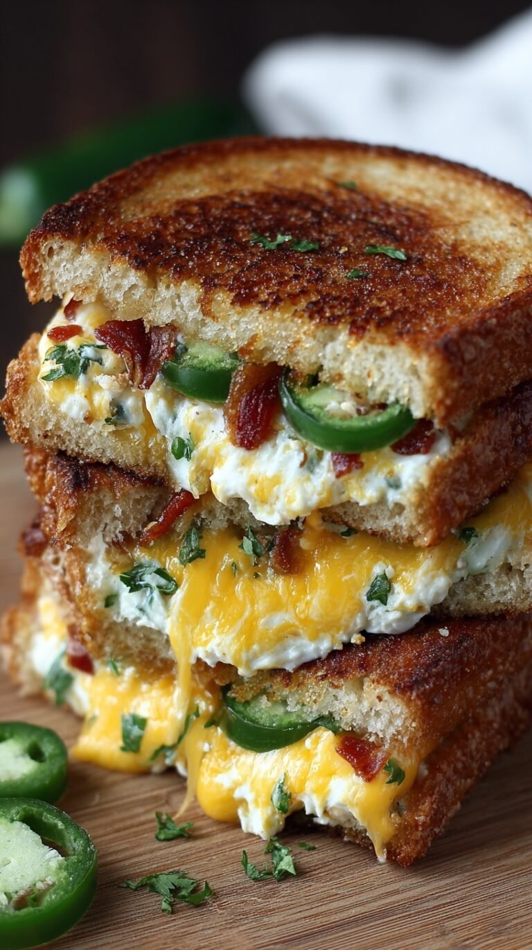 A golden brown grilled cheese sandwich sliced in half with melted cheese, roasted jalapenos, and bacon spilling out