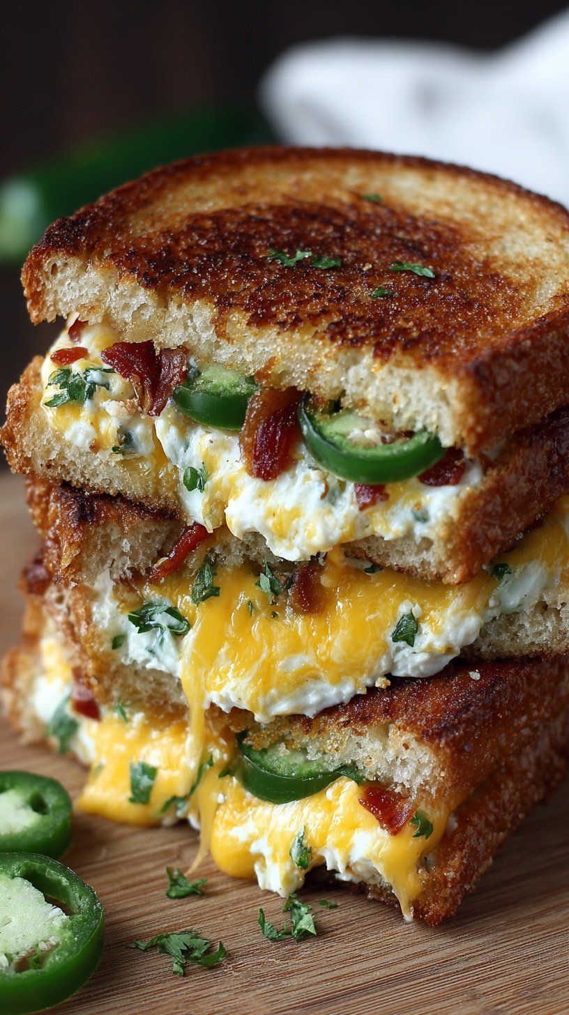 A golden brown grilled cheese sandwich sliced in half with melted cheese, roasted jalapenos, and bacon spilling out