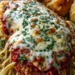 Crispy breaded chicken topped with red marinara sauce and melted white mozzarella cheese on a baking sheet.