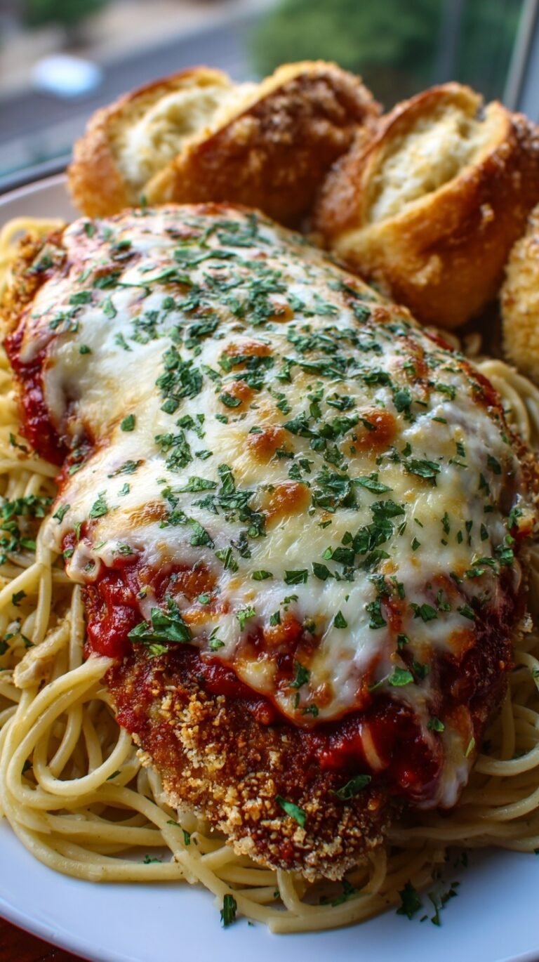 Crispy breaded chicken topped with red marinara sauce and melted white mozzarella cheese on a baking sheet.