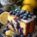 A golden brown Lemon Blueberry Cake baked in a bundt pan with fresh blueberries inside