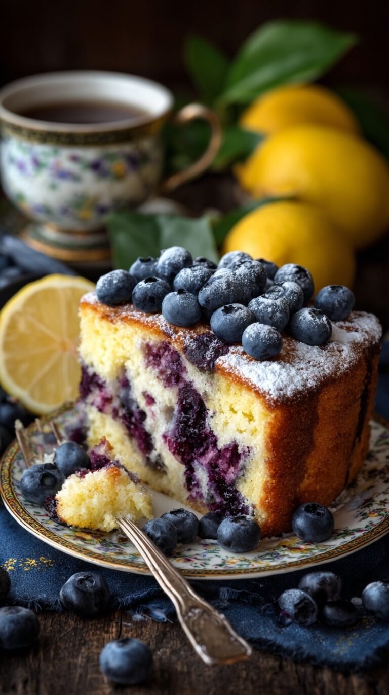 A golden brown Lemon Blueberry Cake baked in a bundt pan with fresh blueberries inside