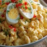 A large bowl of creamy deviled egg macaroni pasta salad topped with fresh chives and smoked paprika